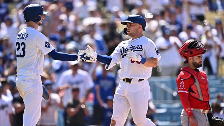 Jun 7, 2026; Los Angeles, California, USA; Los Angeles Dodgers catcher Dalton Rushing (68) is greeted at home plate by right fielder Kyle Tucker (23) after hitting a three-run home run against the Los Angeles Angels during the sixth inning at Dodger Stadium. Mandatory Credit: William Liang-Imagn Images Jun 7, 2026; Los Angeles, California, USA; Los Angeles Dodgers catcher Dalton Rushing (68) is greeted at home plate by right fielder Kyle Tucker (23) after hitting a three-run home run against the Los Angeles Angels during the sixth inning at Dodger Stadium. Mandatory Credit: William Liang-Imagn Images