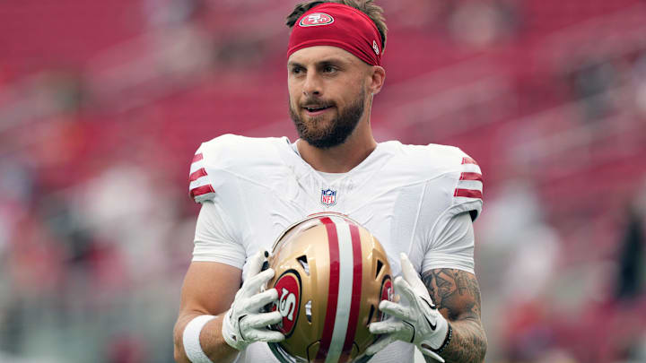 Sep 28, 2025; Santa Clara, California, USA; San Francisco 49ers wide receiver Ricky Pearsall (1) before the game against the Jacksonville Jaguars at Levi's Stadium. Mandatory Credit: Darren Yamashita-Imagn Images