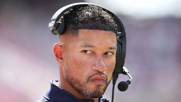 Sep 27, 2025; Fayetteville, Arkansas, USA; Notre Dame Fighting Irish head coach Marcus Freeman during the fourth quarter against the Arkansas Razorbacks at Donald W. Reynolds Razorback Stadium. Notre Dame won 56-13. 