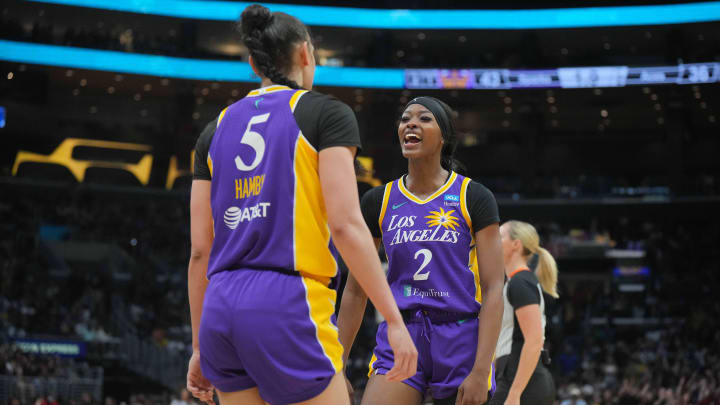 LA Sparks Rickea Jackson and Dearica Hamby celebrate in the second half against the Las Vegas Aces at Crypto.com Arena.
