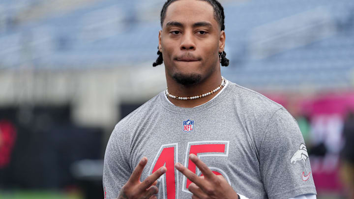 Feb 1, 2025; Orlando, FL, USA; Denver Broncos linebacker Nik Bonitto (15) poses during AFC Practice for the Pro Bowl Games at Camping World Stadium. Mandatory Credit: Kirby Lee-Imagn Images