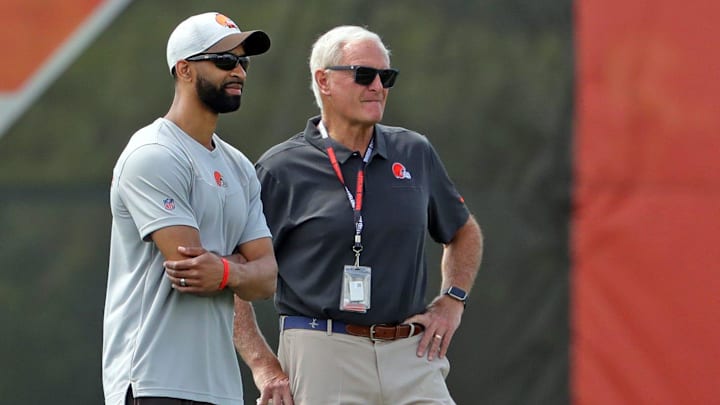 Cleveland Browns GM Andrew Berry and owner Jimmy Haslam watch from the sideline during NFL football training camp, Friday, July 30, 2021, in Berea, Ohio.
Brownscamp31 4 Cleveland Browns GM Andrew Berry and owner Jimmy Haslam watch from the sideline during NFL football training camp, Friday, July 30, 2021, in Berea, Ohio.
Brownscamp31 4