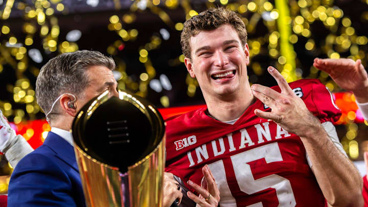 Indiana's Fernando Mendoza (15) smiles as he celebrates after the College Football Playoff National Championship college football game at Hard Rock Stadium in Miami Gardens on Monday, Jan. 19, 2026.