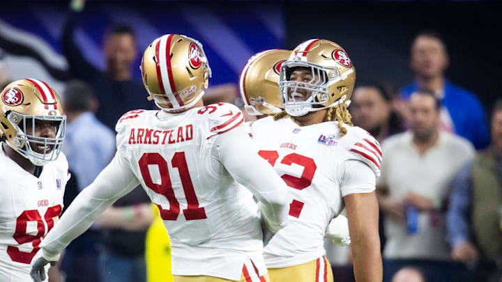 Feb 11, 2024; Paradise, Nevada, USA; San Francisco 49ers defensive end Arik Armstead (91) celebrates