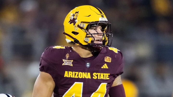 Nov 28, 2025; Tempe, Arizona, USA; Arizona State Sun Devils linebacker Keyshaun Elliott (44) against the Arizona Wildcats during the 99th Territorial Cup at Mountain America Stadium. Mandatory Credit: Mark J. Rebilas-Imagn Images