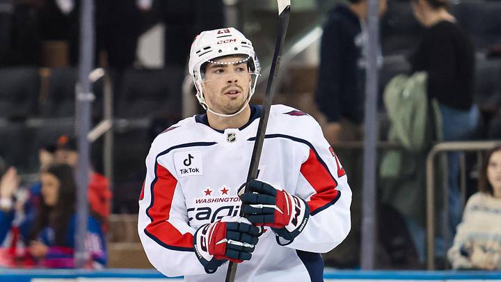 Apr 5, 2026; New York, New York, USA; Washington Capitals center Hendrix Lapierre (29) warms up before the first period against the New York Rangers at Madison Square Garden. Mandatory Credit: Danny Wild-Imagn Images