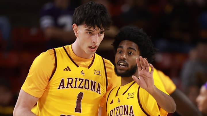 Jan 10, 2026; Tempe, Arizona, USA; Arizona State Sun Devils forward Santiago Trouet (1) with guard Maurice Odum (5) against the Kansas State Wildcats in the first half at Desert Financial Arena. Mandatory Credit: Mark J. Rebilas-Imagn Images Jan 10, 2026; Tempe, Arizona, USA; Arizona State Sun Devils forward Santiago Trouet (1) with guard Maurice Odum (5) against the Kansas State Wildcats in the first half at Desert Financial Arena. Mandatory Credit: Mark J. Rebilas-Imagn Images