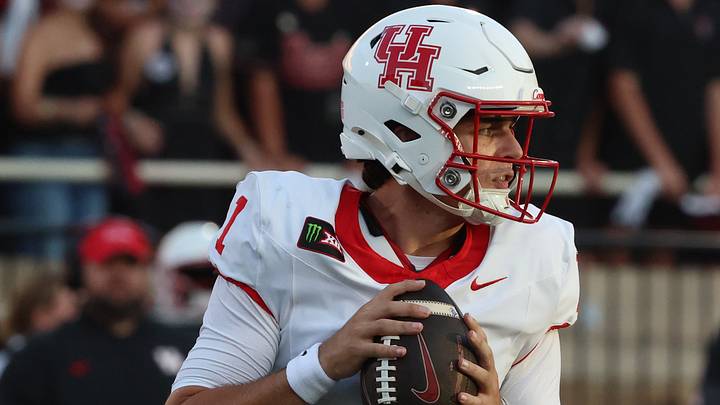 Houston Cougars quarterback Conner Weigman passes against the Texas Tech Red Raiders in the first half at Galaxy Stadium.