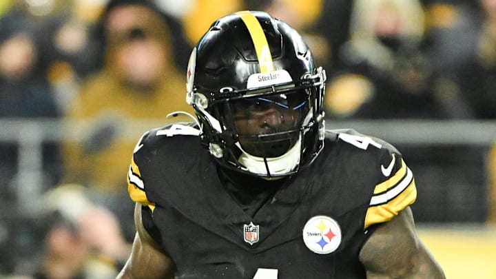 Nov 30, 2025; Pittsburgh, Pennsylvania, USA; Pittsburgh Steelers wide receiver DK Metcalf (4) looks on during the fourth quarter against the Buffalo Bills at Acrisure Stadium. Mandatory Credit: Barry Reeger-Imagn Images