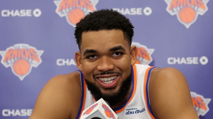 New York Knicks center Karl-Anthony Towns speaks to the media during a media day press conference.