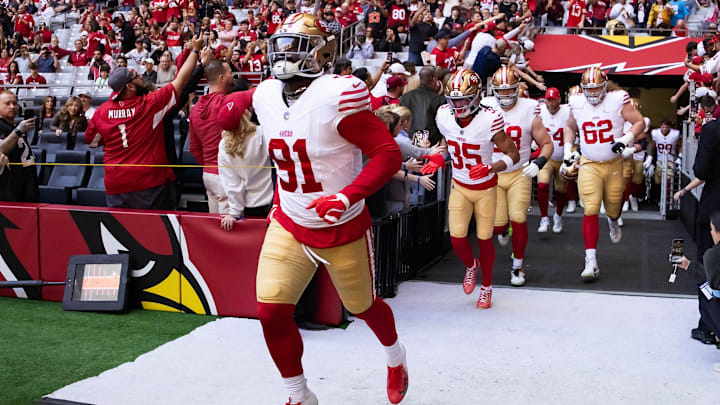 Jan 5, 2025; Glendale, Arizona, USA; San Francisco 49ers defensive tackle Sam Okuayinonu (91) against the Arizona Cardinals at State Farm Stadium. Mandatory Credit: Mark J. Rebilas-Imagn Images Jan 5, 2025; Glendale, Arizona, USA; San Francisco 49ers defensive tackle Sam Okuayinonu (91) against the Arizona Cardinals at State Farm Stadium. Mandatory Credit: Mark J. Rebilas-Imagn Images