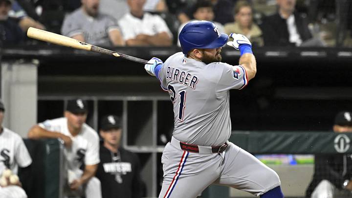 Texas Rangers first baseman Jake Burger. Credit: Matt Marton-Imagn Images