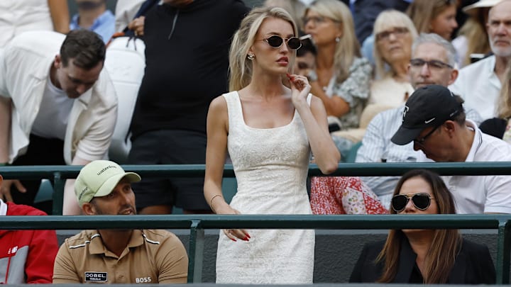 Morgan Riddle, girlfriend of Taylor Fritz (USA)(not pictured), stands in Fritz' player's box during a changeover at Wimbledon 2025. Morgan Riddle, girlfriend of Taylor Fritz (USA)(not pictured), stands in Fritz' player's box during a changeover at Wimbledon 2025.