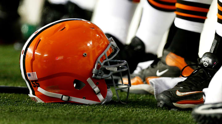 Dec 8, 2013; Foxborough, MA, USA; A Cleveland Browns helmet sits on the sidelines during the fourth quarter of New England's 27-26 win at Gillette Stadium. Mandatory Credit: Winslow Townson-Imagn Images