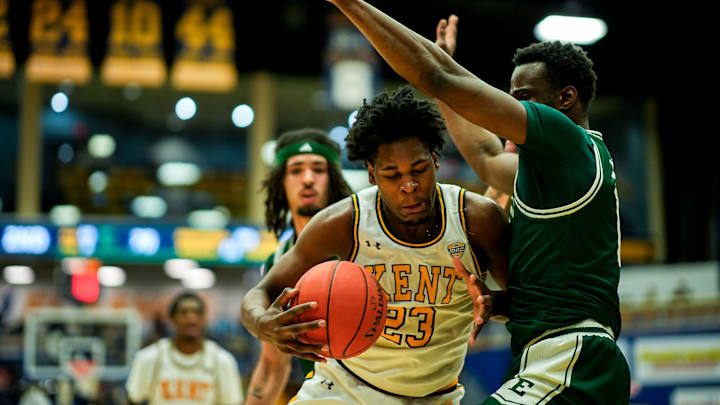 Former Kent State forward Delrecco Gillespie (23) fights for room to shoot against Eastern Michigan, Feb. 11, 2026. Former Kent State forward Delrecco Gillespie (23) fights for room to shoot against Eastern Michigan, Feb. 11, 2026.