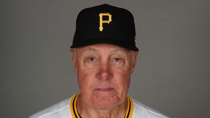 Feb 18, 2025; Bradenton, FL, USA; Pittsburgh Pirates assistant pitching coach Brent Strom (56) poses for a photo during media day at Pirate City. Mandatory Credit: Kim Klement Neitzel-Imagn Images