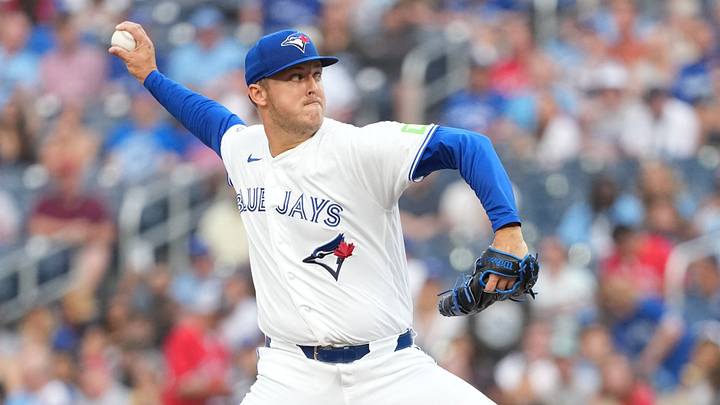 Aug 10, 2026; Toronto, Ontario, CAN; Toronto Blue Jays starting pitcher Jameson Taillon (56) throws a pitch during the first inning against the Boston Red Sox at Rogers Centre. Mandatory Credit: Nick Turchiaro-Imagn Images