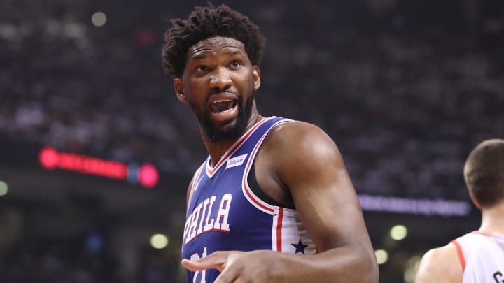 Apr 29, 2019; Toronto, Ontario, CAN; Philadelphia 76ers center Joel Embiid (21) argues a call