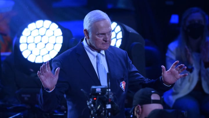 Feb 20, 2022; Cleveland, Ohio, USA; Jerry West is honored in halftime during the 2022 NBA All-Star Game at Rocket Mortgage FieldHouse. Mandatory Credit: David Richard-USA TODAY Sports