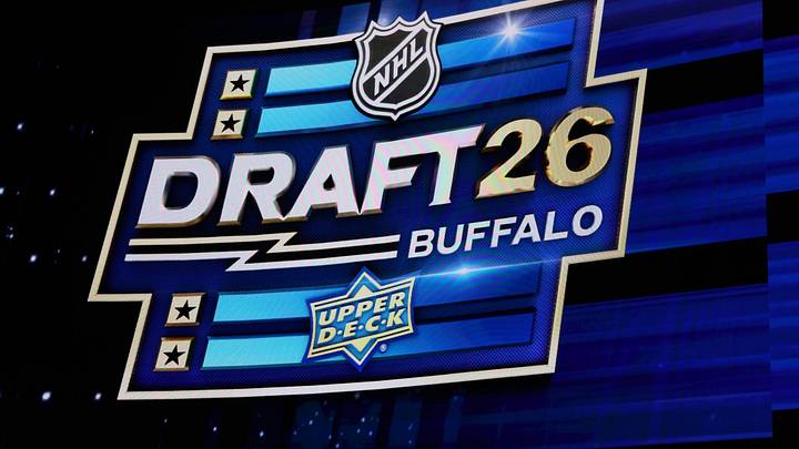Jun 26, 2026; Buffalo, New York, USA; The logo for the NHL draft during the first round at KeyBank Center. Mandatory Credit: Timothy T. Ludwig-Imagn Images