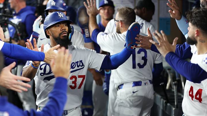 Oct 14, 2026; Los Angeles, California, USA; Los Angeles Dodgers outfielder Teoscar Hernandez (37) celebrates in the dugout after scoring against the Milwaukee Brewers during the sixth inning in game three of the NLCS for the 2026 MLB Playoffs at Uniqlo Field at Dodger Stadium. Mandatory Credit: Kiyoshi Mio-Imagn Images Oct 14, 2026; Los Angeles, California, USA; Los Angeles Dodgers outfielder Teoscar Hernandez (37) celebrates in the dugout after scoring against the Milwaukee Brewers during the sixth inning in game three of the NLCS for the 2026 MLB Playoffs at Uniqlo Field at Dodger Stadium. Mandatory Credit: Kiyoshi Mio-Imagn Images