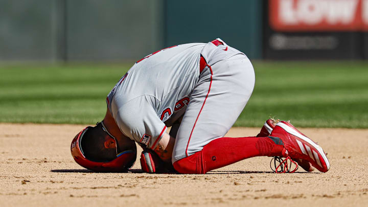 Sep 26, 2024; Chicago, Illinois, USA; Los Angeles Angels shortstop Zach Neto (9) reacts after injuring himself during the fourth inning of a baseball game against the Chicago White Sox at Guaranteed Rate Field. Mandatory Credit: Kamil Krzaczynski-Imagn Images