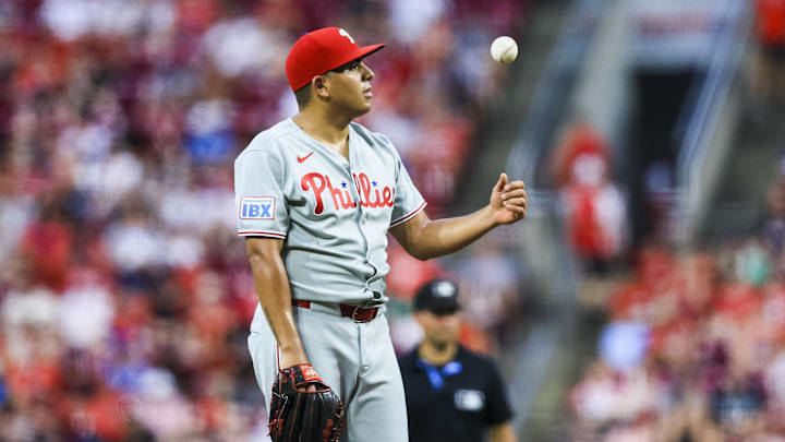 Aug 12, 2025; Cincinnati, Ohio, USA; Philadelphia Phillies starting pitcher Ranger Suarez (55) tosses a ball during a stop in play in the sixth inning against the Cincinnati Reds at Great American Ball Park. Mandatory Credit: Katie Stratman-Imagn Images Aug 12, 2025; Cincinnati, Ohio, USA; Philadelphia Phillies starting pitcher Ranger Suarez (55) tosses a ball during a stop in play in the sixth inning against the Cincinnati Reds at Great American Ball Park. Mandatory Credit: Katie Stratman-Imagn Images