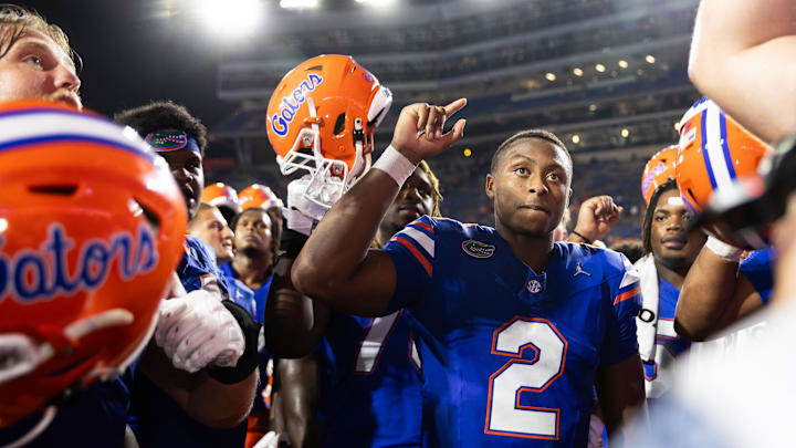 Sep 7, 2024; Gainesville, Florida, USA; Florida Gators quarterback DJ Lagway (2) cheers with teammates against the Samford Bulldogs after the game at Ben Hill Griffin Stadium. Mandatory Credit: Matt Pendleton-Imagn Images