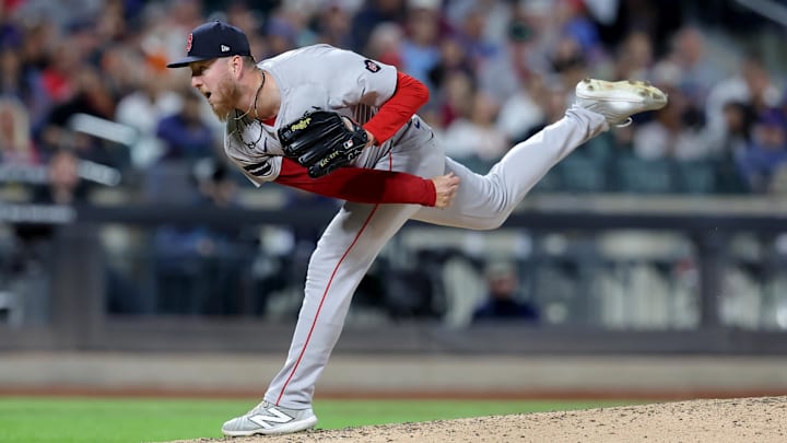 Sep 4, 2024; New York City, New York, USA; Boston Red Sox relief pitcher Zack Kelly (76) follows through on a pitch against the New York Mets during the sixth inning at Citi Field. Mandatory Credit: Brad Penner-Imagn Images