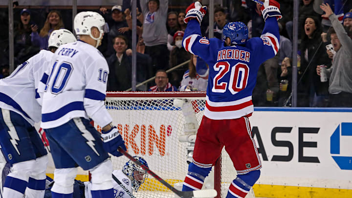 Apr 5, 2023; New York, New York, USA; New York Rangers left wing Chris Kreider (20) scores a goal