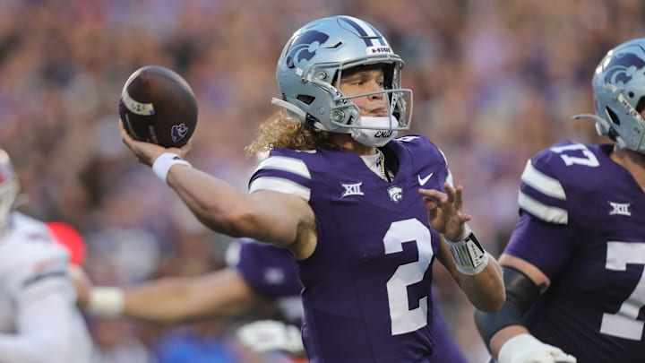 Kansas State Wildcats quarterback Avery Johnson (2) throws a pass during the first quarter of the game against Arizona at Bill Snyder Family Stadium Friday, September 13, 2024.
