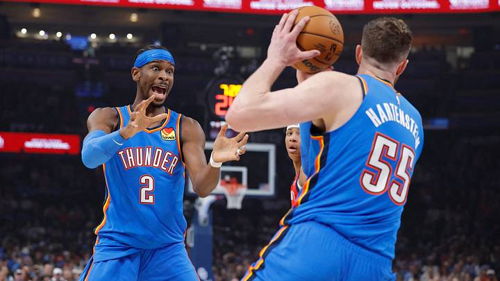 Nov 2, 2025; Oklahoma City, Oklahoma, USA; Oklahoma City Thunder guard Shai Gilgeous-Alexander (2) yells for the ball after Oklahoma City Thunder center Isaiah Hartenstein (55) grabs a rebound during the first quarter against the New Orleans Pelicans at Paycom Center.
