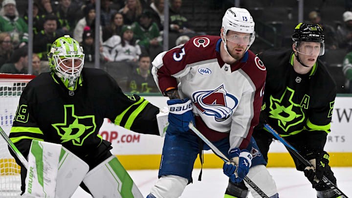 Nov 29, 2024; Dallas, Texas, USA; Dallas Stars goaltender Jake Oettinger (29) and defenseman Esa Lindell (23) and Colorado Avalanche right wing Valeri Nichushkin (13) in action during the game between the Dallas Stars and the Colorado Avalanche at American Airlines Center. Mandatory Credit: Jerome Miron-Imagn Images