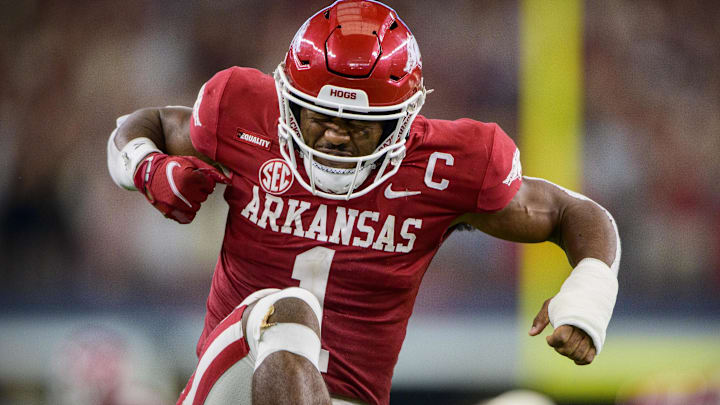 Sep 25, 2021; Arlington, Texas, USA; Arkansas Razorbacks defensive back Jalen Catalon (1) celebrates during the second half against the Texas A&M Aggies at AT&T Stadium. Mandatory Credit: Jerome Miron-Imagn Images