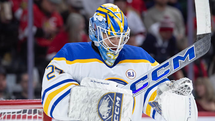 Dec 31 2023; Ottawa, Ontario, CAN; Buffalo Sabres goalie Devon Levi (27) suits up prior to the start