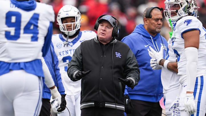 Kentucky Wildcats head coach Mark Stoops during a timeout with his team as the Cats played Louisville Saturday, November 29, 2025 in Louisville, Kentucky at L&N Federal Credit Union Stadium. The Cats fell to 5-7 with the 41-0 loss to the Cardinals; missing out on a bowl.