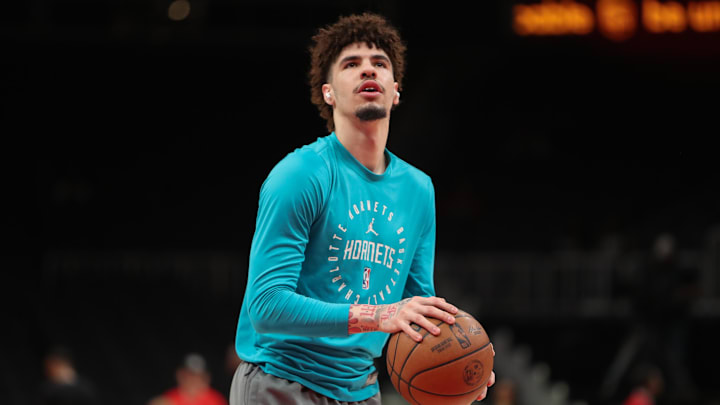 Mar 12, 2025; Atlanta, Georgia, USA; Charlotte Hornets guard LaMelo Ball (1) warms up on the court before the game against the Atlanta Hawks at State Farm Arena. Mandatory Credit: Mady Mertens-Imagn Images