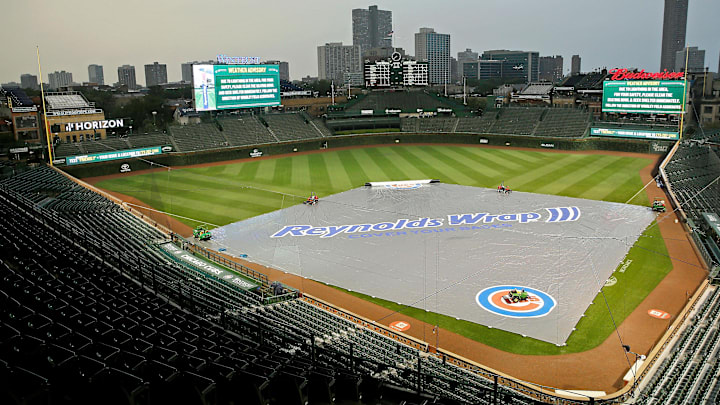 A general view of Wrigley Field during a rain delay.