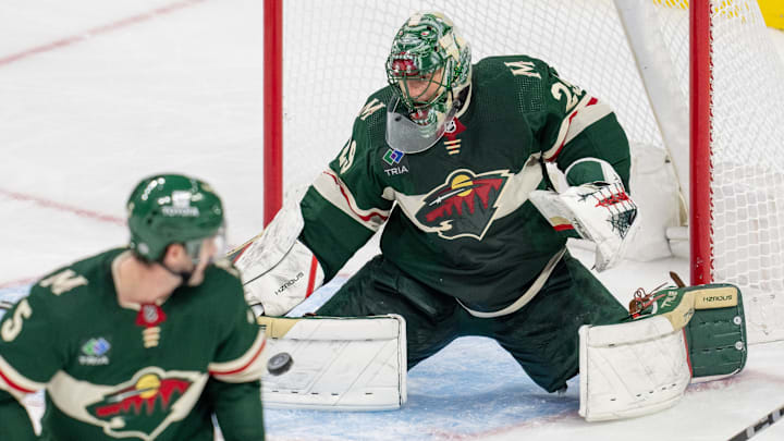 Apr 18, 2024; Saint Paul, Minnesota, USA; Minnesota Wild goaltender Marc-Andre Fleury (29) makes a save against the Seattle Kraken in the second period at Xcel Energy Center. Mandatory Credit: Matt Blewett-Imagn Images