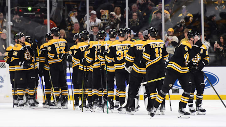 Nov 21, 2024; Boston, Massachusetts, USA; The Boston Bruins celebrate after defeating the Utah Hockey Club at TD Garden. Mandatory Credit: Bob DeChiara-Imagn Images Nov 21, 2024; Boston, Massachusetts, USA; The Boston Bruins celebrate after defeating the Utah Hockey Club at TD Garden. Mandatory Credit: Bob DeChiara-Imagn Images