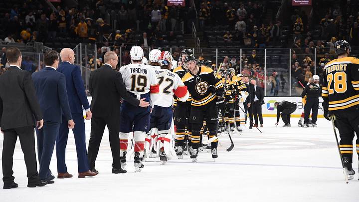 Apr 30, 2023; Boston, Massachusetts, USA; The Florida Panthers and Boston Bruins shake hands after the Panthers defeated the Bruins in overtime in game seven of the first round of the 2023 Stanley Cup Playoffs at TD Garden. Mandatory Credit: Bob DeChiara-USA TODAY Sports