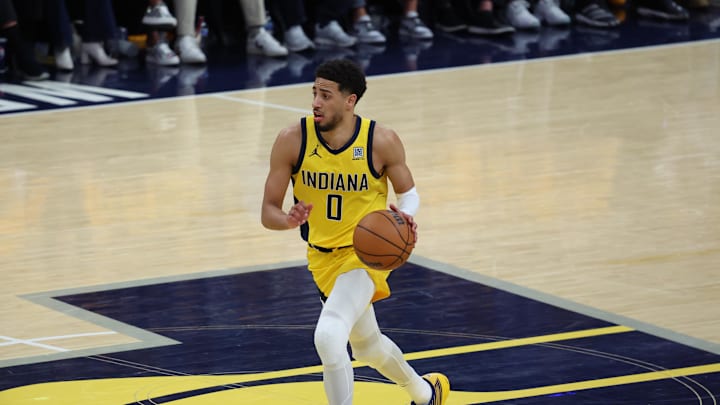 May 25, 2025; Indianapolis, Indiana, USA; Indiana Pacers guard Tyrese Haliburton (0) dribbles downcourt during the fourth quarter against the New York Knicks during game three of the eastern conference finals for the 2025 NBA Playoffs at Gainbridge Fieldhouse. Mandatory Credit: Trevor Ruszkowski-Imagn Images May 25, 2025; Indianapolis, Indiana, USA; Indiana Pacers guard Tyrese Haliburton (0) dribbles downcourt during the fourth quarter against the New York Knicks during game three of the eastern conference finals for the 2025 NBA Playoffs at Gainbridge Fieldhouse. Mandatory Credit: Trevor Ruszkowski-Imagn Images