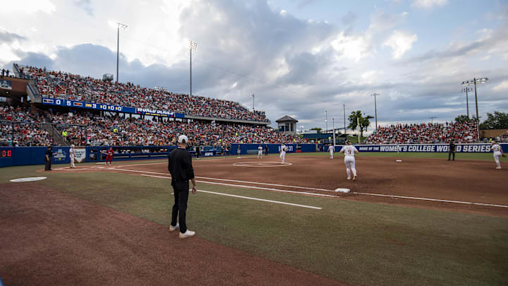 Jun 6, 2025; Oklahoma City, OK, USA;  The Texas Longhorns and the Texas Tech Red Raiders play game three of the NCAA Softball Women's College World Series finals at Devon Park. Mandatory Credit: Brett Rojo-Imagn Images