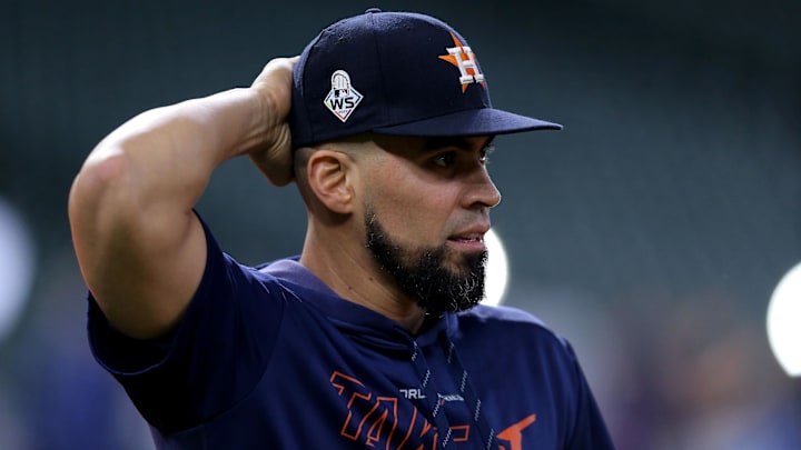 Oct 29, 2019; Houston, TX, USA; Houston Astros catcher Robinson Chirinos (28) prior to game six of the 2019 World Series against the Washington Nationals at Minute Maid Park
