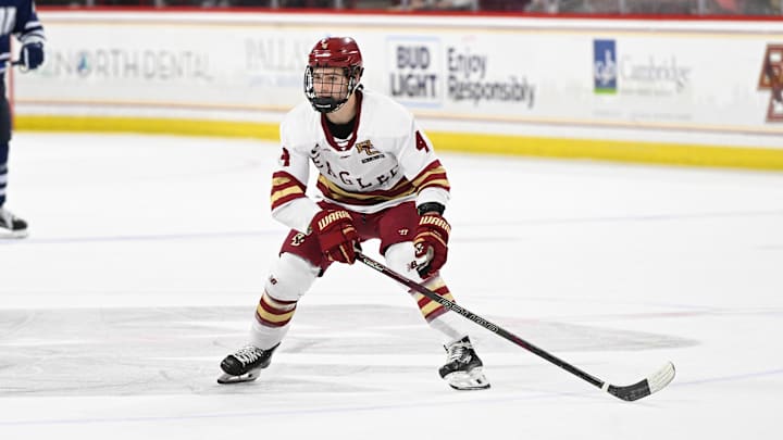 Feb 28, 2025; Chestnut Hill, MA, USA; Boston College forward Teddy Stiga (4) skates against the University of New Hampshire Wildcats during the first period at Conte Forum. Mandatory Credit: Eric Canha-Imagn Images Feb 28, 2025; Chestnut Hill, MA, USA; Boston College forward Teddy Stiga (4) skates against the University of New Hampshire Wildcats during the first period at Conte Forum. Mandatory Credit: Eric Canha-Imagn Images