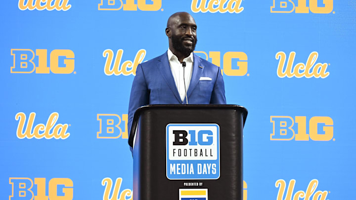 Jul 24, 2024; Indianapolis, IN, USA;  UCLA Bruins head coach DeShaun Foster speaks to the media during the Big 10 football media day at Lucas Oil Stadium. Mandatory Credit: Robert Goddin-USA TODAY Sports