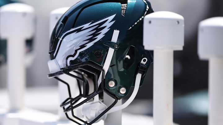 Aug 16, 2025; Philadelphia, Pennsylvania, USA; Philadelphia Eagles helmet on the bench during a game against the Cleveland Browns at Lincoln Financial Field. Mandatory Credit: Bill Streicher-Imagn Images