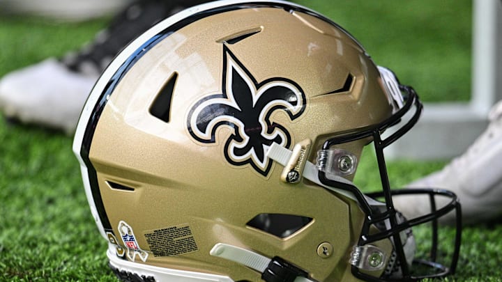 Nov 12, 2023; Minneapolis, Minnesota, USA; A New Orleans Saints helmet during the game between the Minnesota Vikings and the New Orleans Saints at U.S. Bank Stadium. Mandatory Credit: Jeffrey Becker-Imagn Images