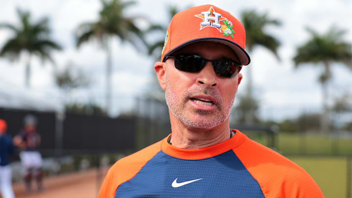 Houston Astros manager Joe Espada (19) speaks to reporters before spring training. Houston Astros manager Joe Espada (19) speaks to reporters before spring training.
