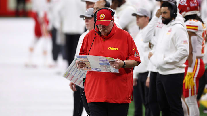Feb 9, 2025; New Orleans, LA, USA; Kansas City Chiefs head coach Andy Reid looks on against the Philadelphia Eagles during the first half of Super Bowl LIX at Caesars Superdome. Mandatory Credit: Bill Streicher-Imagn Images